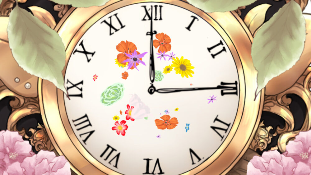 時計と色とりどりの花