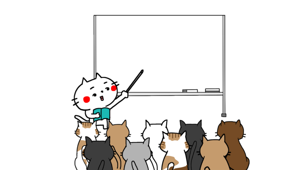 ホワイトボードの前で授業をする猫達